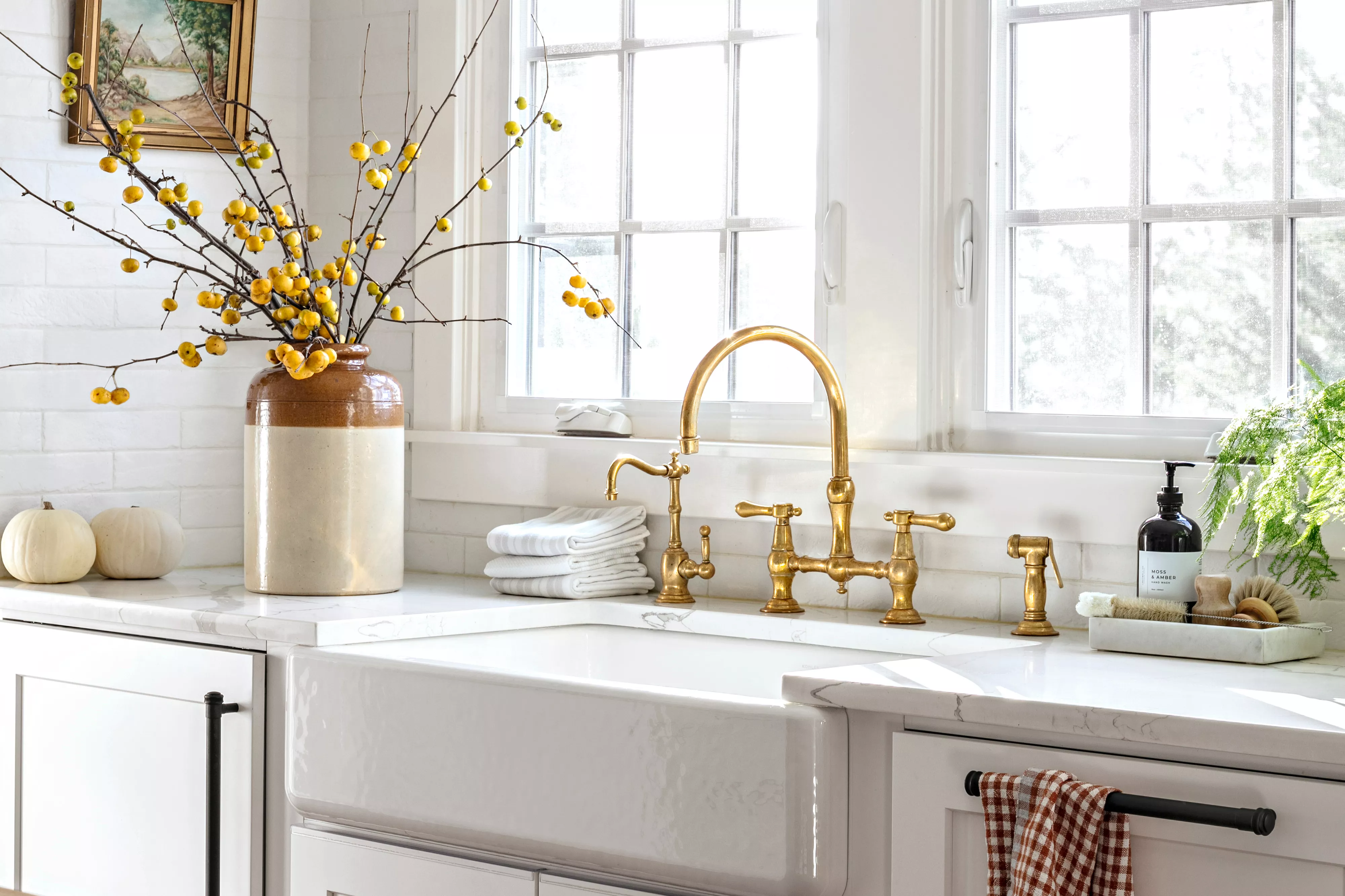 apron-front kitchen sink with brass faucet