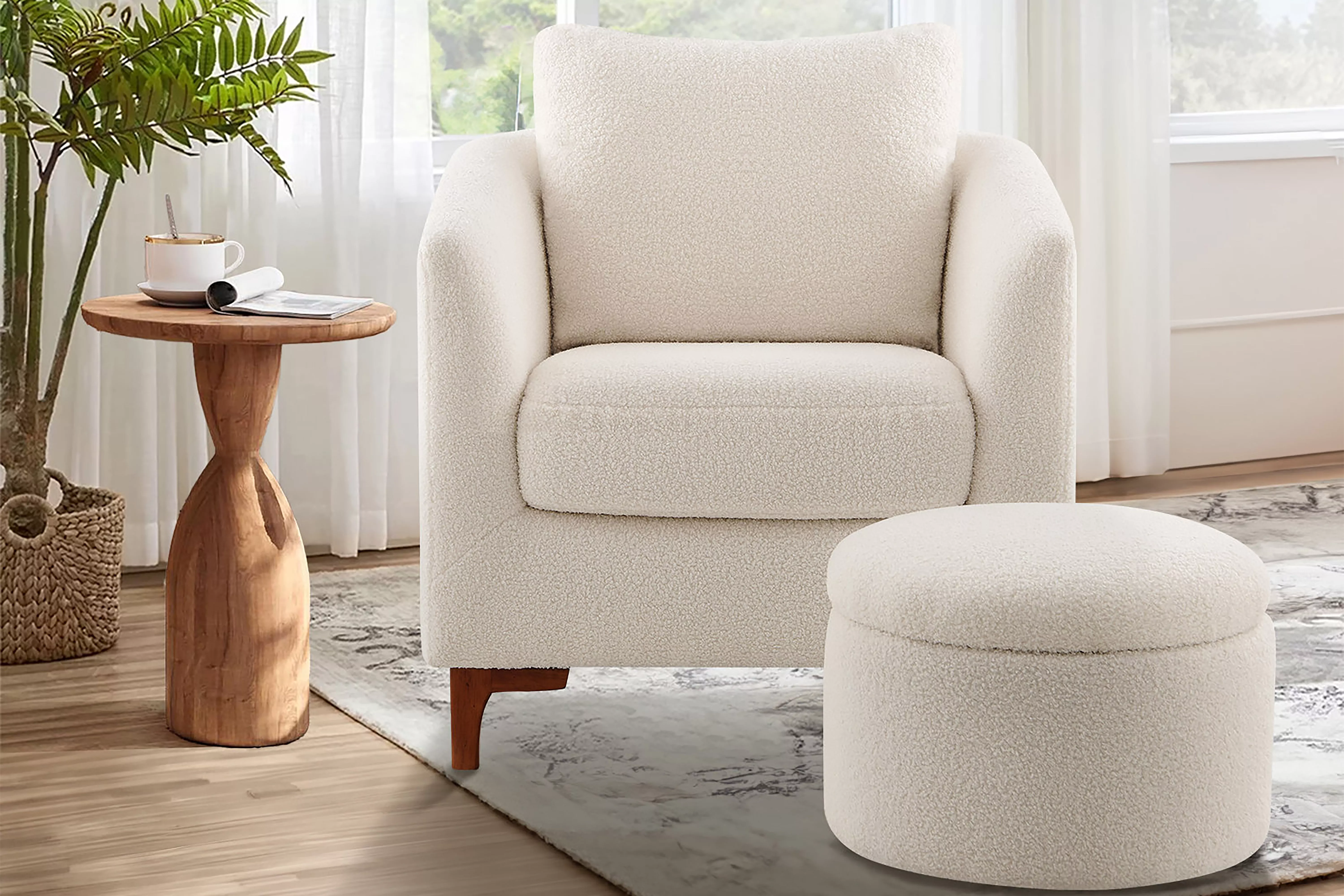 Amold Upholstered Barrel Accent Armchair in indoor space