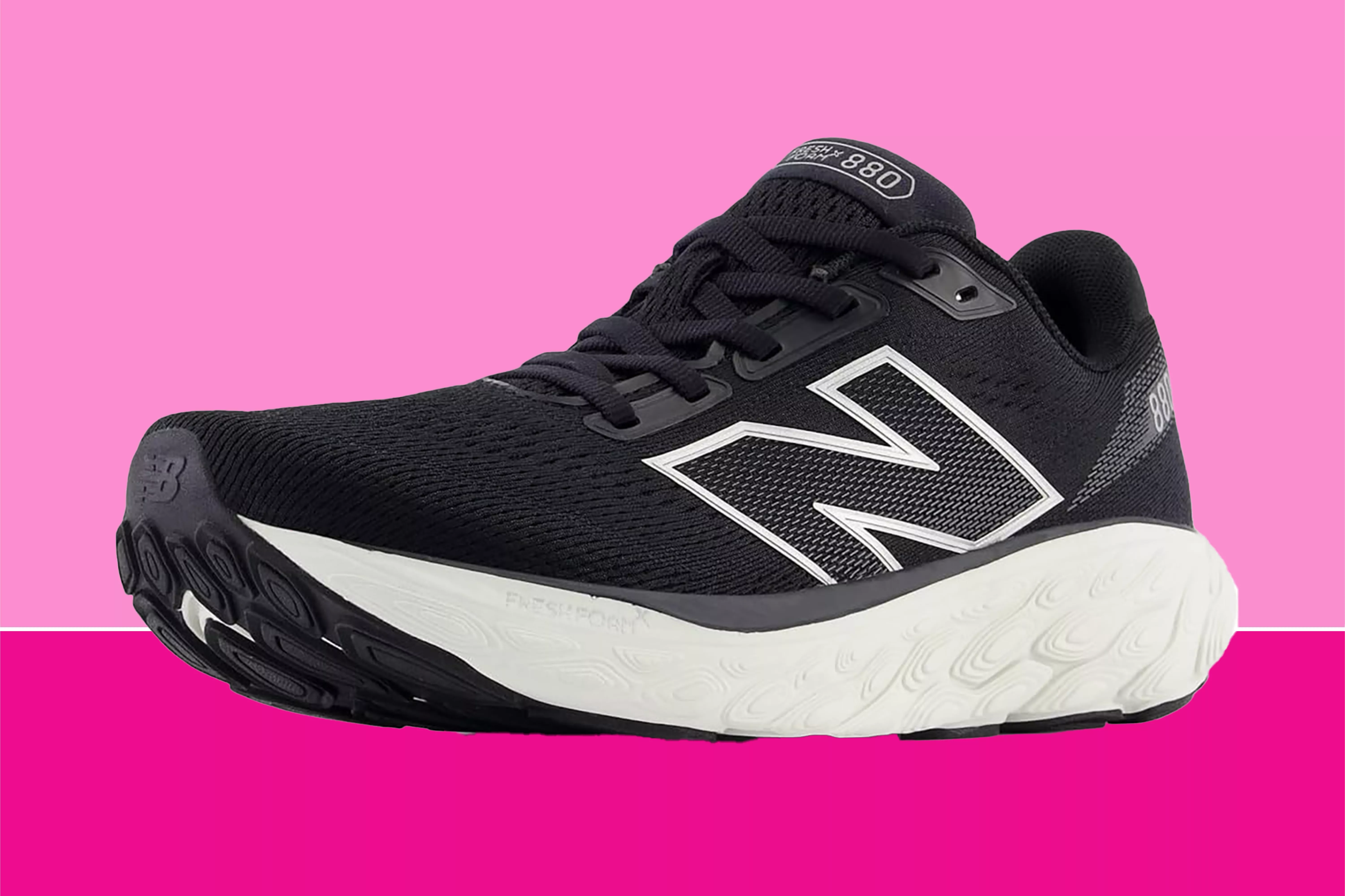 New Balance Women's Fresh Foam X 880 V14 Running Shoe collaged onto pink background
