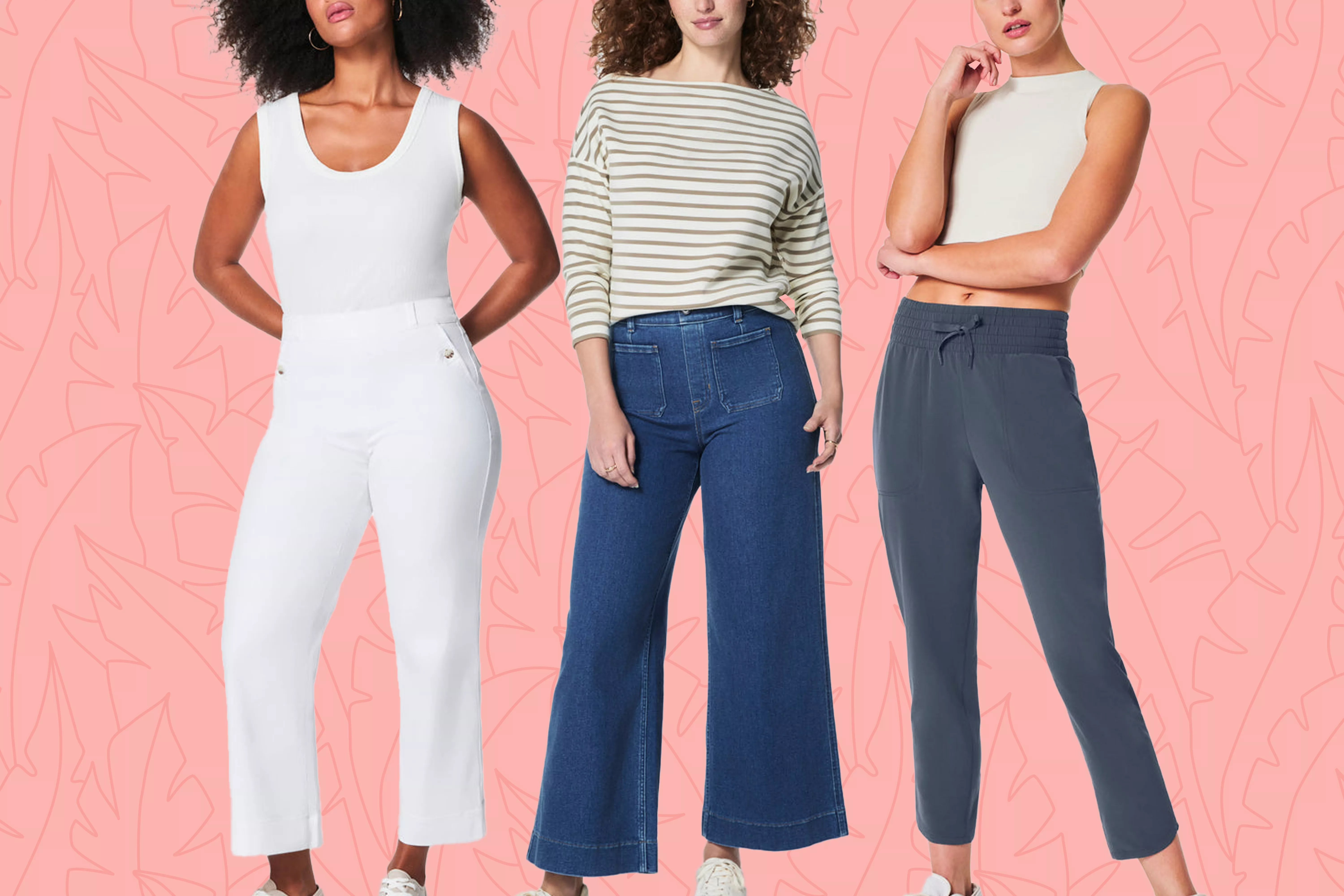 Three models wearing full Spanx outfits on a pink patterned background