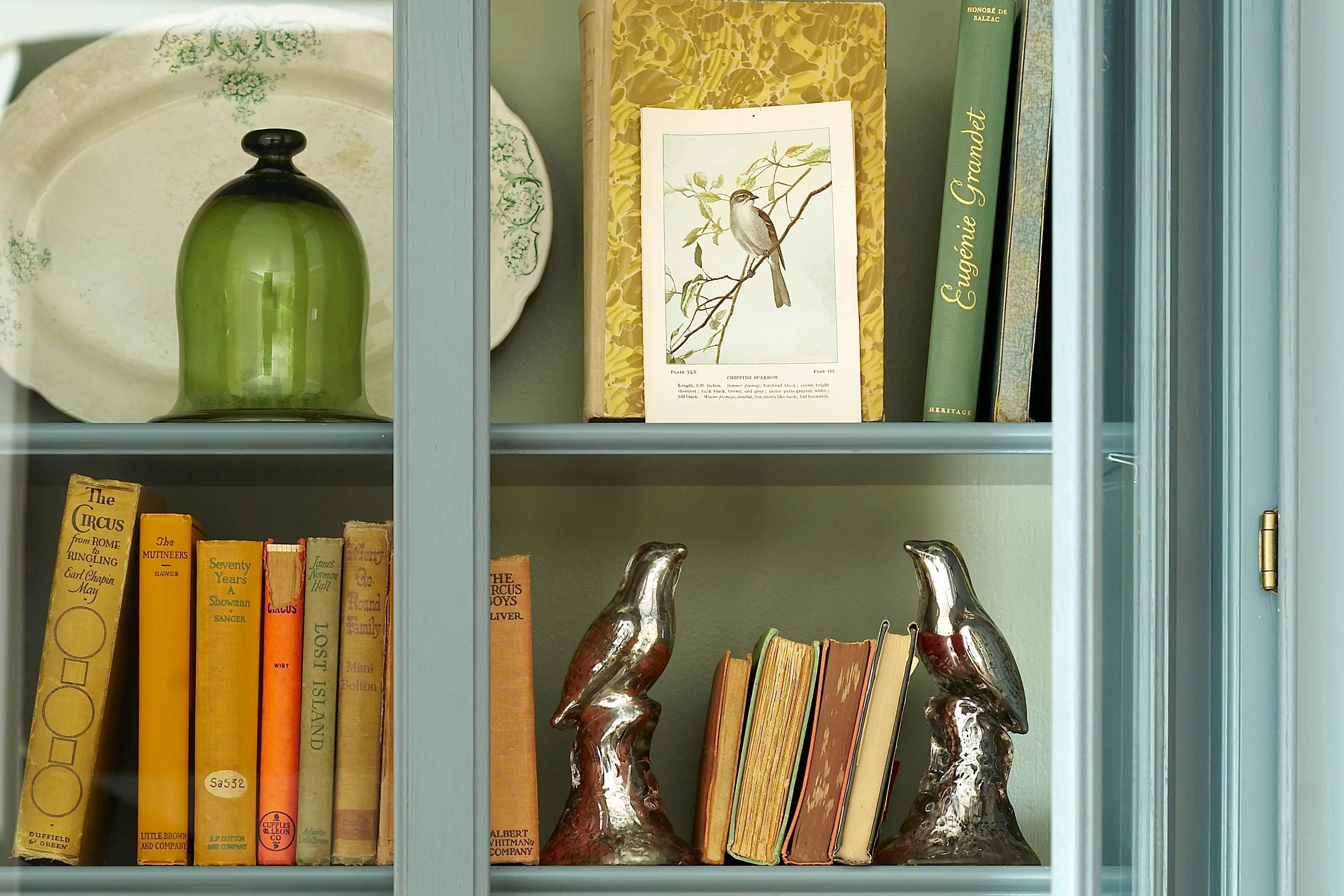 open shelving with antique books and green glass cloche